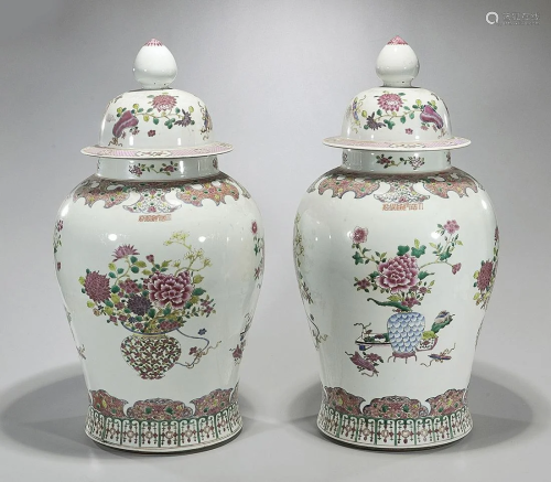 Pair Large Chinese Famille Rose Enameled Porcelain
