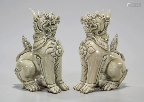 Pair Chinese Celadon Crackle Glaze Ceramic Qilin