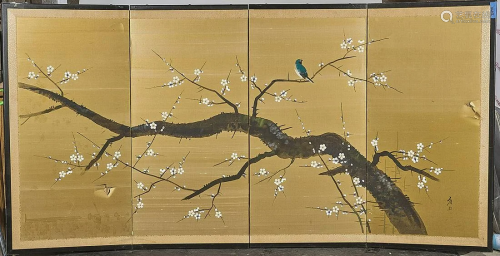 Japanese Four Panel Painted Paper Screen