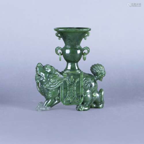 A HETIAN SPINACH-GREEN JADE 'LION AND VASE' GROUP
