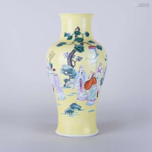 A YELLOW GROUND FAMILLE ROSE 'FIGURAL' VASE