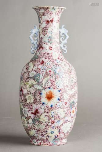 A FAMILLE ROSE MILLEFLEURS VASE, QING PERIOD