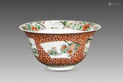 A WUCAI IRON RED GROUND BOWL, QING DYNASTY