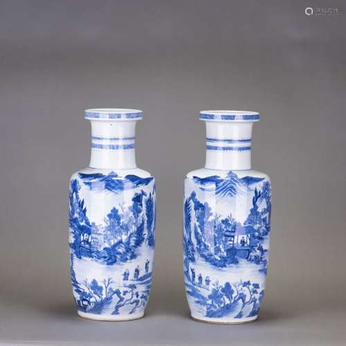 A PAIR OF BLUE AND WHITE 'LANDSCAPE' ROULEAU VASE, 19TH CENTURY