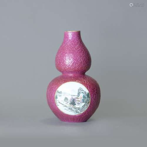 A RUBY-GROUND FAMILLE ROSE DOUBLE-GOURD VASE, REPUBLIC PERIOD