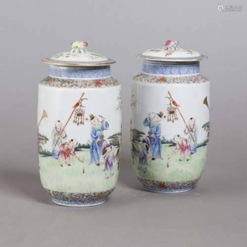 PAIR OF FAMILLE ROSE 'BOYS' JARS WITH COVERS, REPUBLIC PERIOD