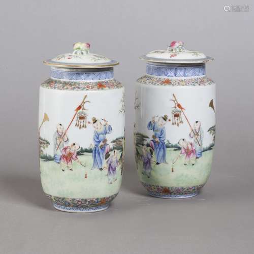 PAIR OF FAMILLE ROSE 'BOYS' JARS WITH COVERS, REPUBLIC PERIOD