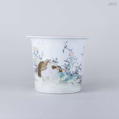 A FAMILLE ROSE 'FLOWER AND BIRD' JARDINIERE, REPUBLIC PERIOD