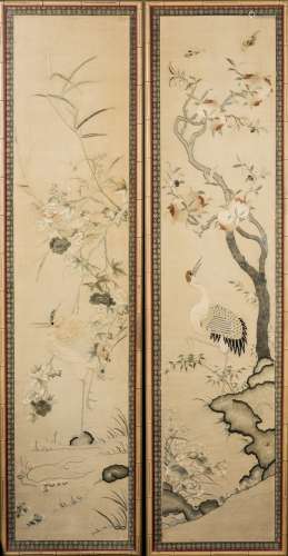 CHINESE EMBROIDERED SILK SCROLLS IN PAIR, FRAMED