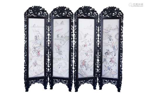 A FOUR FOLD EMBROIDERED SILK HARDWOOD STANDING SCREEN, QING DYNASTY