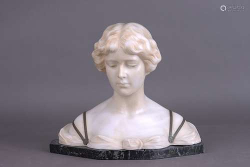 AN ART DECO ALABASTER, BRONZE YOUNG WOMAN BUST