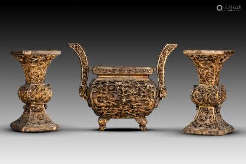 GOLD LAQUER ARCHAIC CENSER AND VASES, KANGXI PERIOD