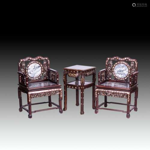 CHINESE MARBLE AND MOTHER-OF-PEARL INLAID HONGMU CHAIRS AND TABLE SET, QING DYNASTY