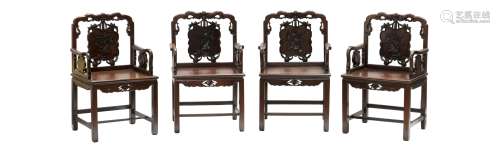A SET OF FOUR CHINESE CLASSICAL HONGMU ARMCHAIRS, QING DYNASTY (Y)