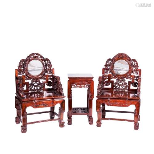 CHINESE MARBLE INLAID SUANZHI HARDWOOD CHAIRS AND TABLE SET