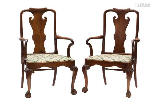 A PAIR OF CHIPPENDALE CARVED HARDWOOD ARMCHAIRS
