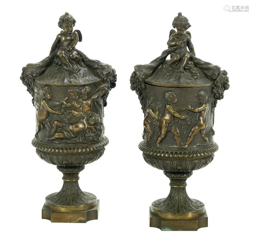 Pair of French Patinated Bronze Covered Cups