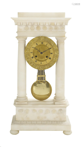 French Alabaster and Gilt-Bronze Portico Clock