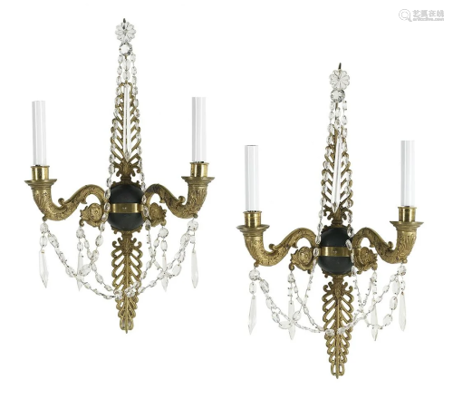 Pair of Empire-Style Bronze and Crystal Sconces
