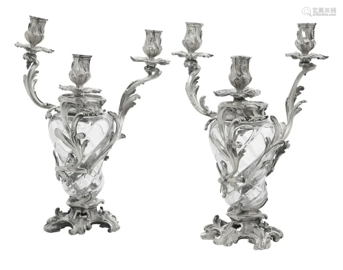 Pair of French Silver & Crystal Candelabra Vases