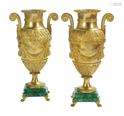 Pair of Gilt-Bronze and Malachite Urns