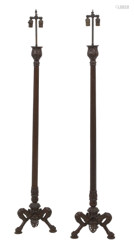 Pair of Continental Carved Mahogany Floor Lamps