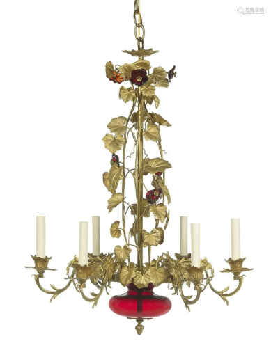 Gilt-Brass and Cranberry Glass Chandelier