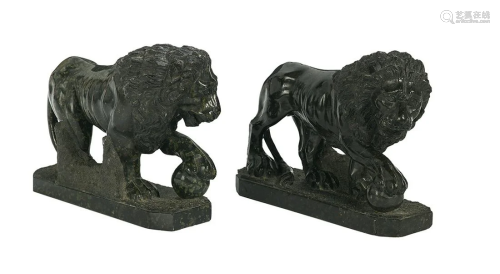 Pair of Serpentine Marble Medici Lions