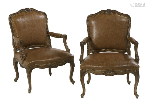 Pair of Louis XV-Style Leather-Covered Fauteuils