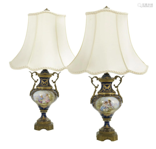 Pair of Sevres-Style Urns Mounted as Lamps