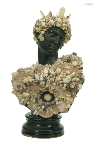 Shell-Encrusted Ebonized Cast Stone Bust