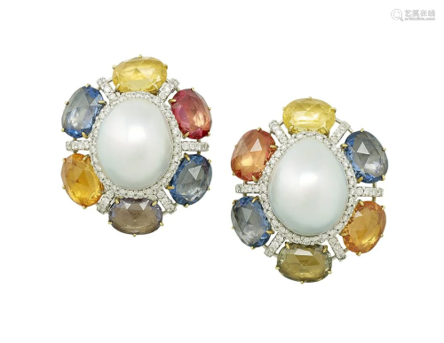 Pair of South Sea Pearl and Sapphire Ear Clips
