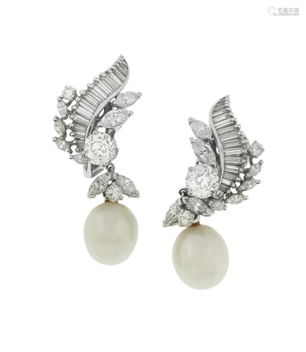 Pair of Diamond and Baroque Pearl Earrings