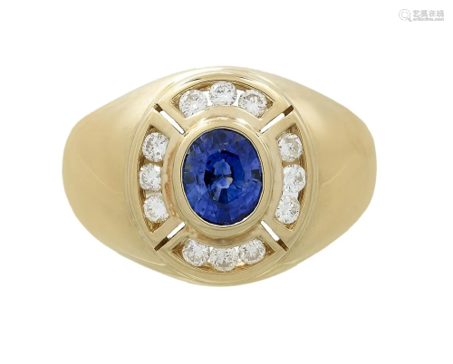 Gentleman's Natural Sapphire and Diamond Ring