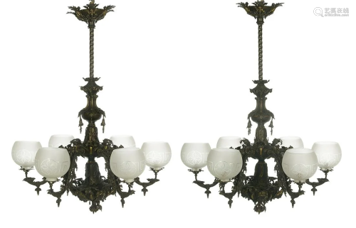 Pair of Rare Bronze Six-Arm Gasoliers