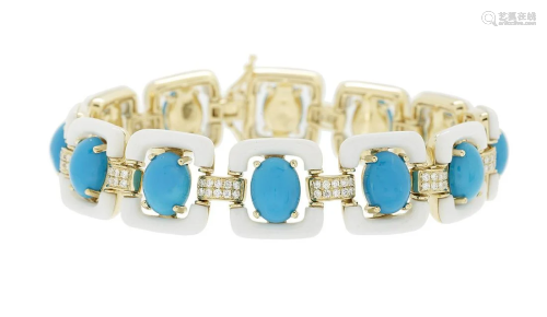 Turquoise, White Agate and Diamond Bracelet