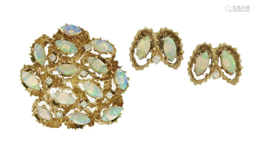 Opal and Diamond Earrings and Brooch