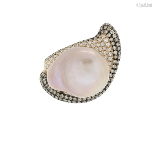 Baroque Pearl and White and Brown Diamond Ring