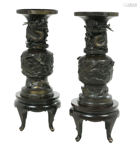 Large Pair of Japanese Bronze Urns on Stands