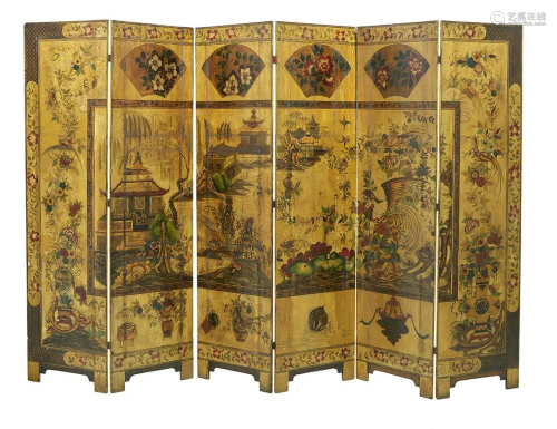 Chinoiserie Lacquered Six-Panel Screen