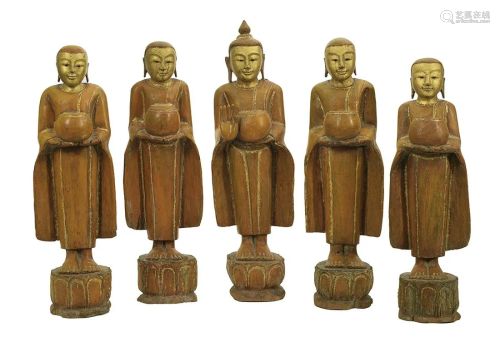 Group of Five Carved Wood Buddhas