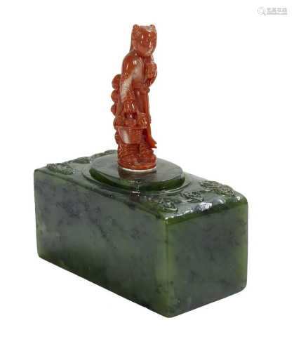 Chinese Carved Jadeite Box with Coral Finial