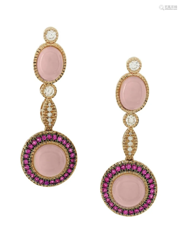 Pair of Pink Opal, Sapphire and Diamond Earrings