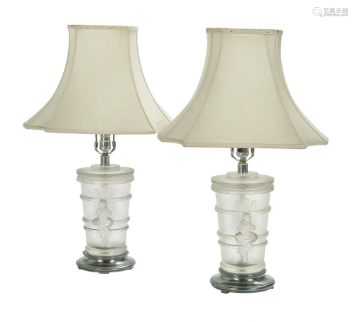 Pair of Crystal Table Lamps, attr. to Lalique