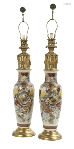 Pair of Gilt-Brass and Satsuma Carcel Lamps