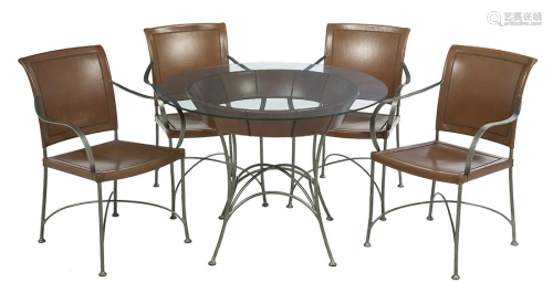 Leather and Glass-Top Table with Four Chairs