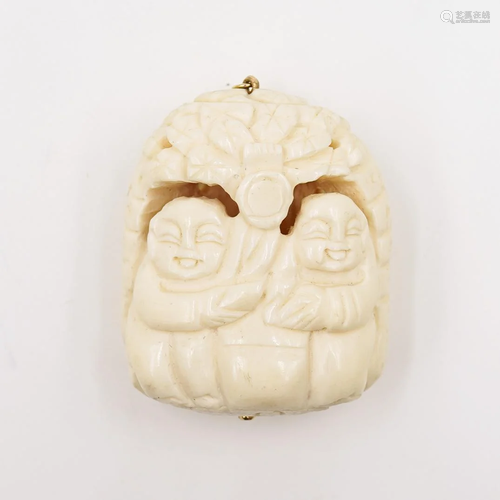 Chinese Carved Bone & Gold Pendant