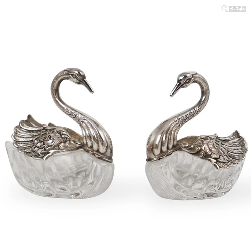 Sterling Silver & Crystal Swan Salt Cellars