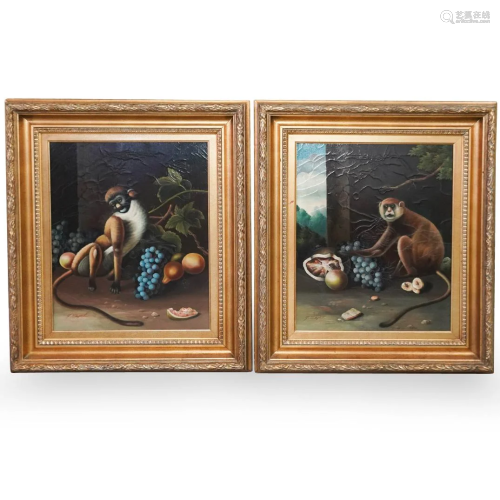 Pair Of Oil on Canvas Monkey Paintings