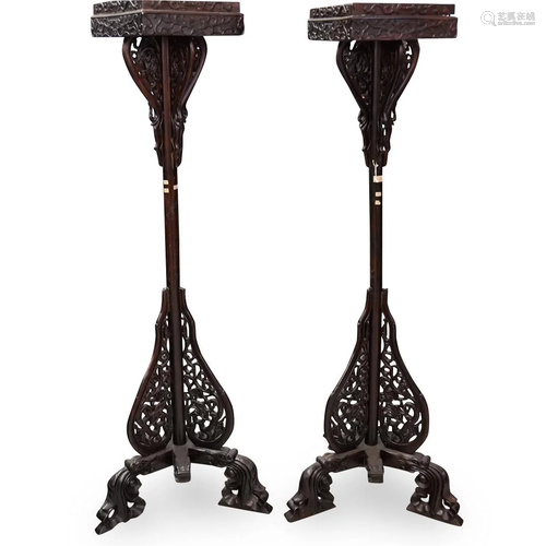 Chinese Carved Wood Floor Lamp Pair